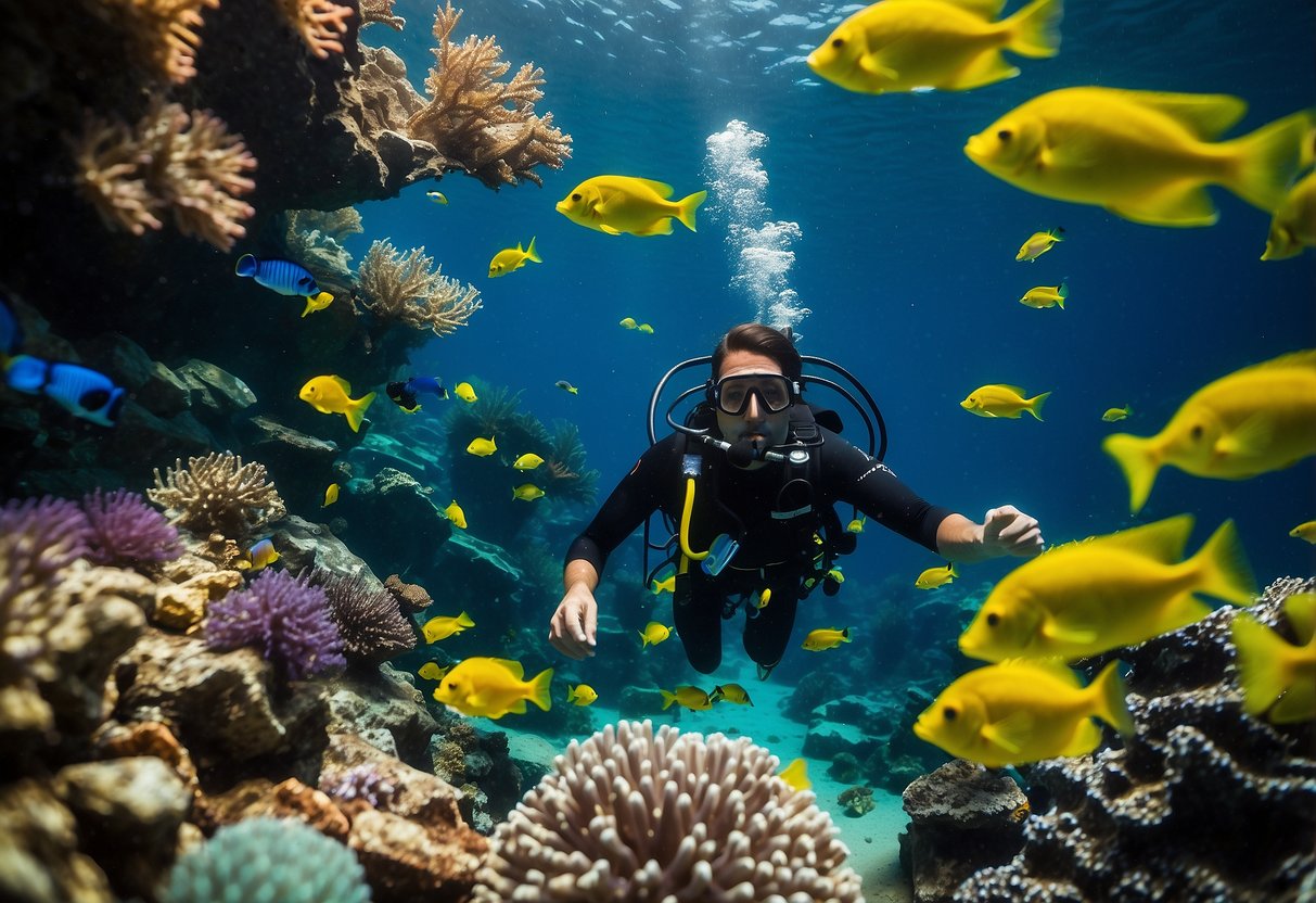 A scuba diver in Phoenix, AZ, receives certification underwater, surrounded by colorful fish and coral