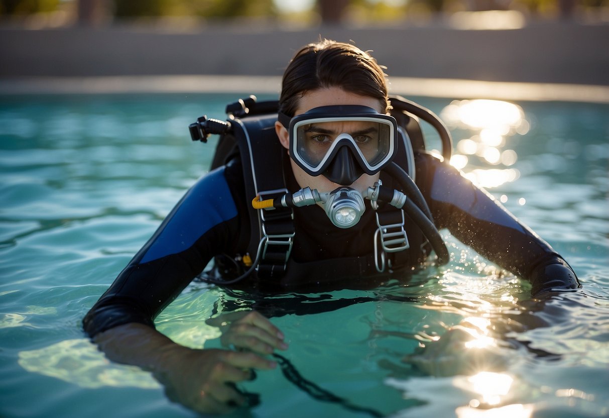 A diver demonstrates proper scuba techniques in a clear, sunlit pool for scuba certification in Phoenix, AZ