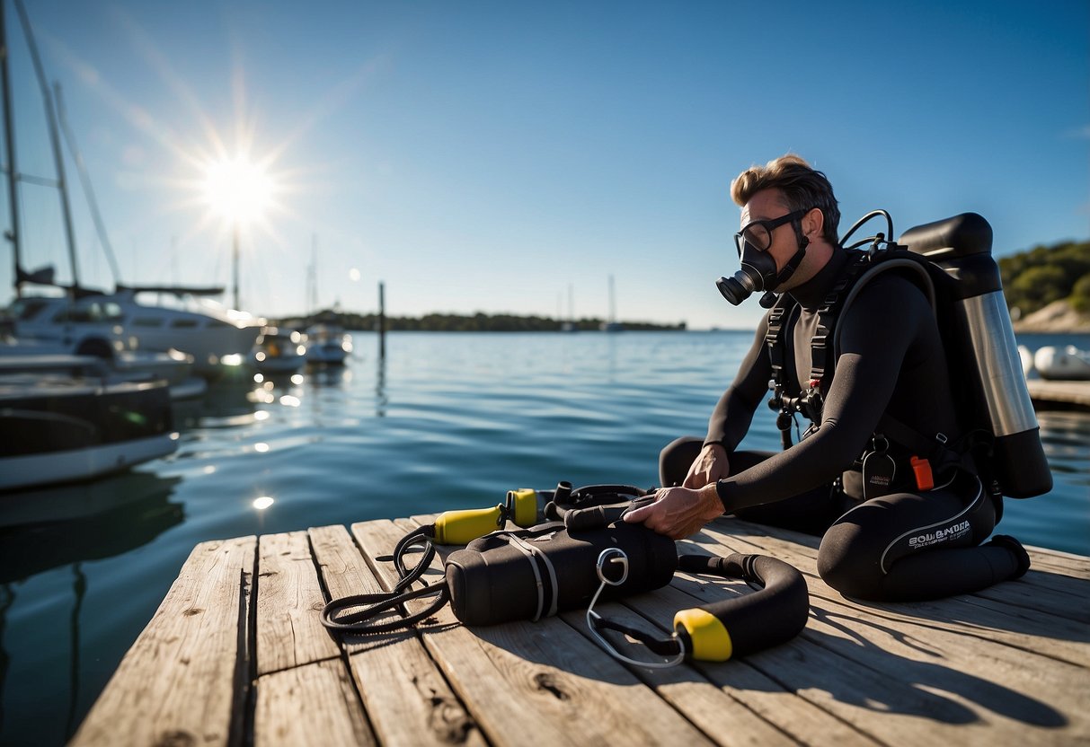 A diver prepares gear on a dock, with a clear blue sky and calm water in the background. A scuba certification manual and training materials are laid out nearby