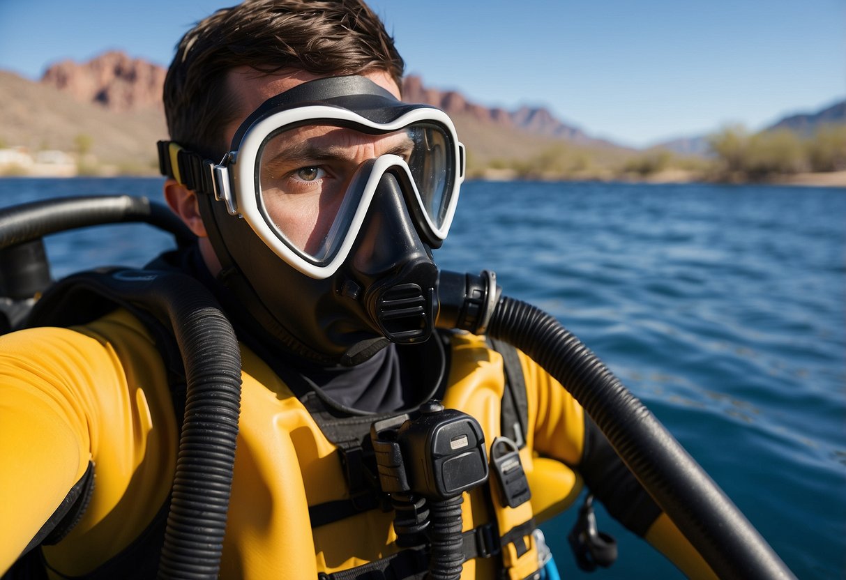 A scuba diver in full gear checks their oxygen tank before descending into the clear, blue waters of Phoenix, Arizona. Safety and health considerations are evident in the careful equipment inspection