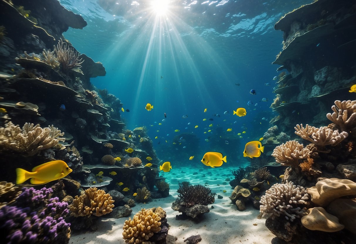 Crystal-clear waters reveal colorful coral reefs, exotic fish, and mysterious shipwrecks. Sunlight filters down, illuminating the underwater world