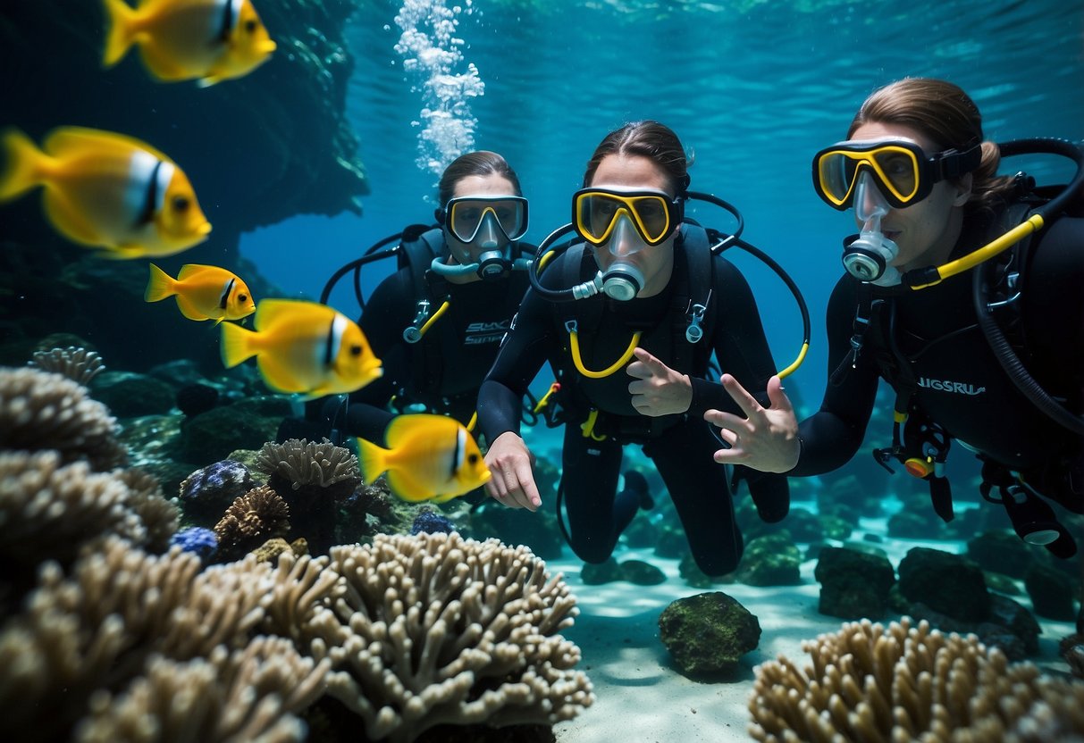 A group of scuba divers gather around an instructor, practicing skills in a pool with colorful fish and coral decorations