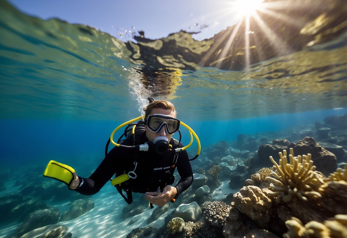 A scuba diver in Phoenix, AZ completes a certification course, surrounded by clear blue waters and colorful marine life