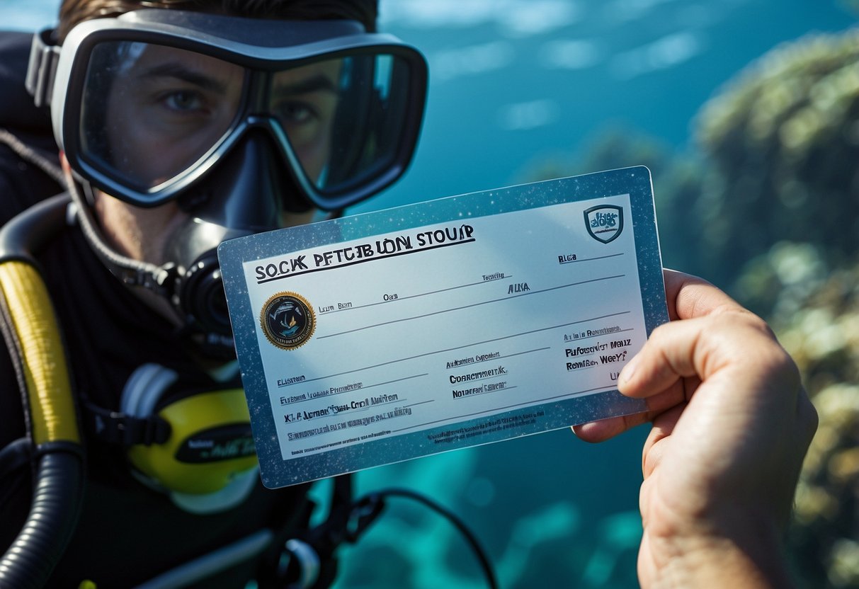 A diver in scuba gear receives a certification card from an instructor in Phoenix, AZ. Blue waters and colorful marine life surround them