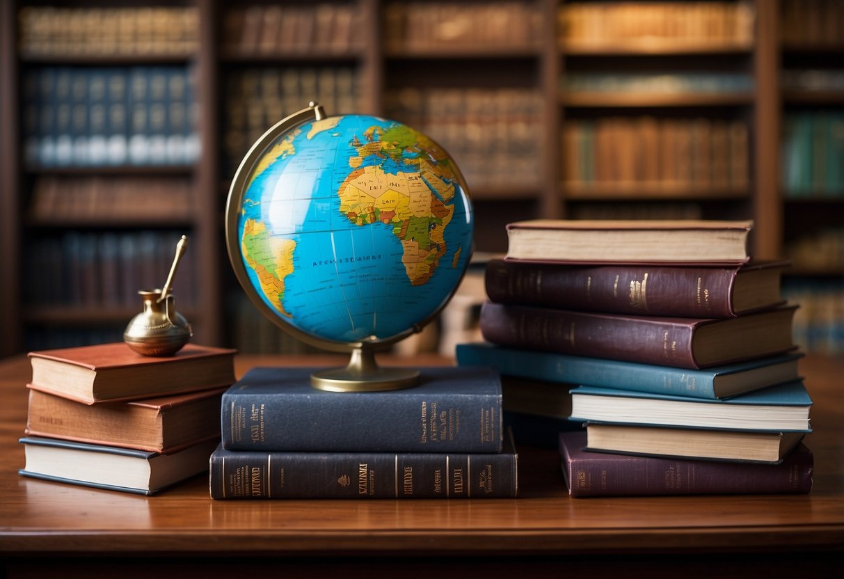 A diverse group of academic books and journals on social sciences arranged on a wooden desk, with a globe and a pen nearby