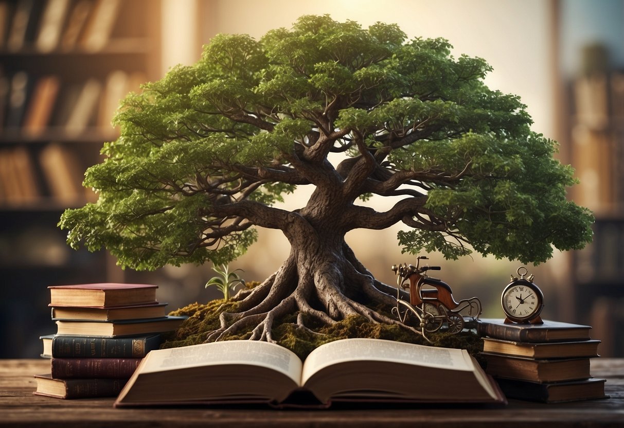 A tree with roots in the ground, surrounded by books and symbols of various social sciences, such as a globe, a microscope, and a pen