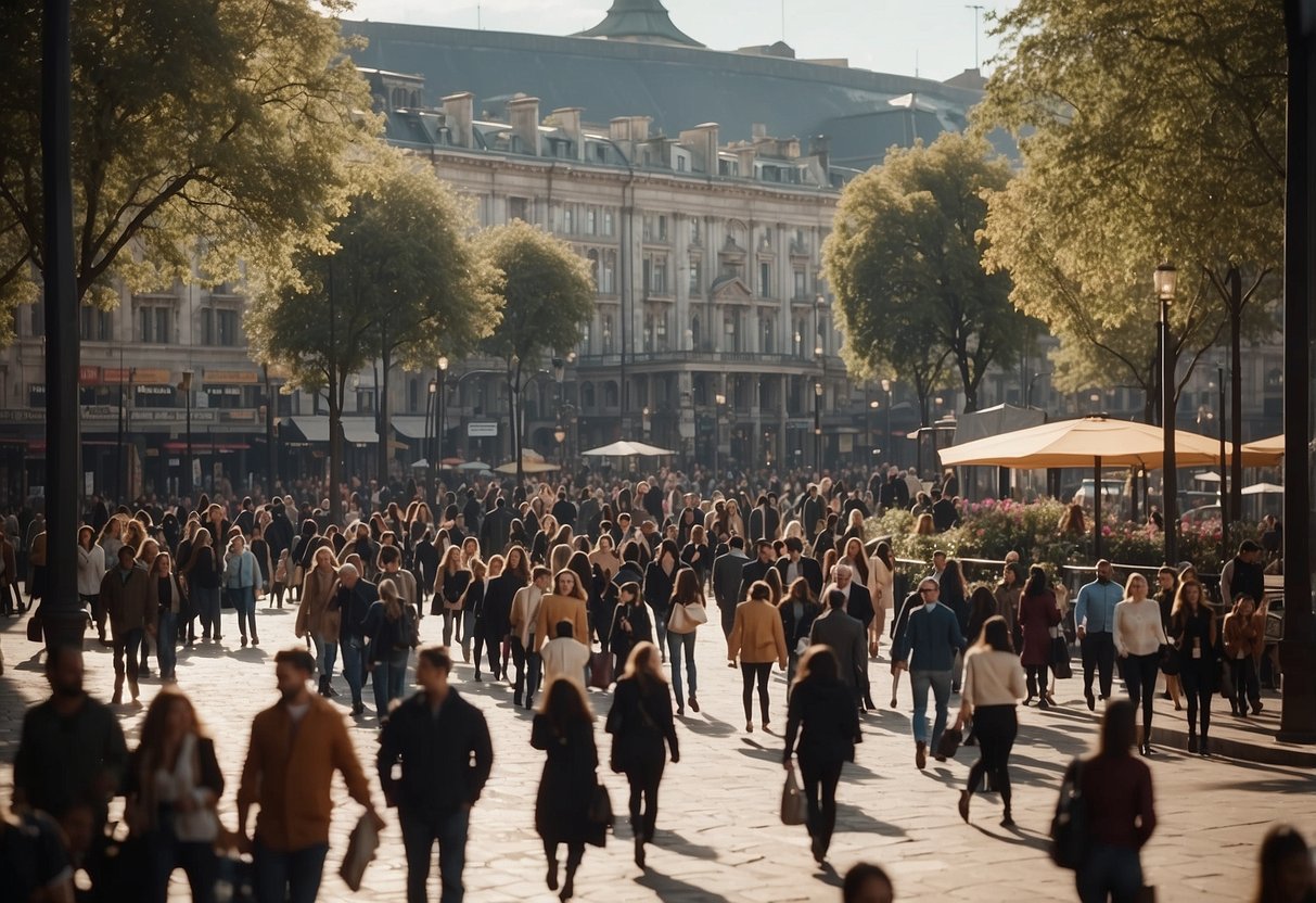 A bustling city square with diverse people accessing public services from government buildings and community organizations