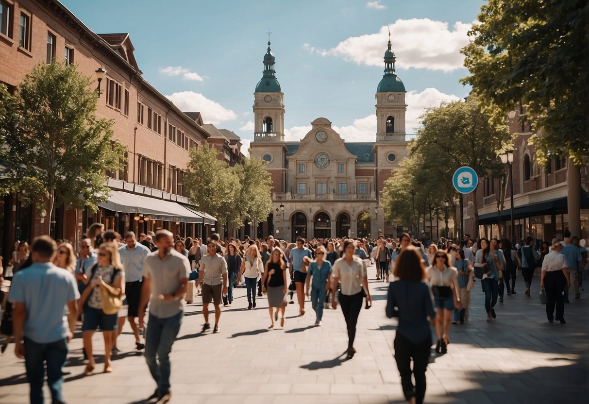 A bustling town square with people utilizing various public services, such as a library, post office, and public transportation. The scene depicts the importance of public services to the community