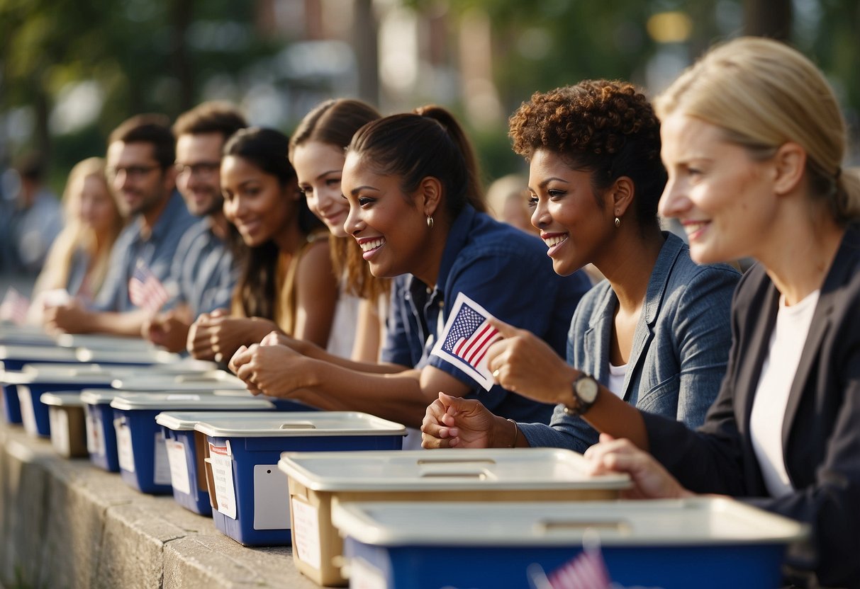 A group of diverse individuals engaging in civic activities, such as voting, volunteering, and participating in community events, to illustrate the concept and importance of citizenship