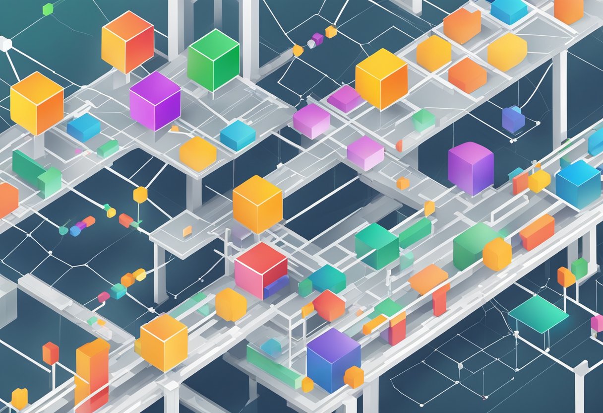 Multiple blockchain platforms connected via seamless bridges, exchanging data and assets effortlessly. Each platform represented by distinct symbols and colors, interconnected in a web-like structure