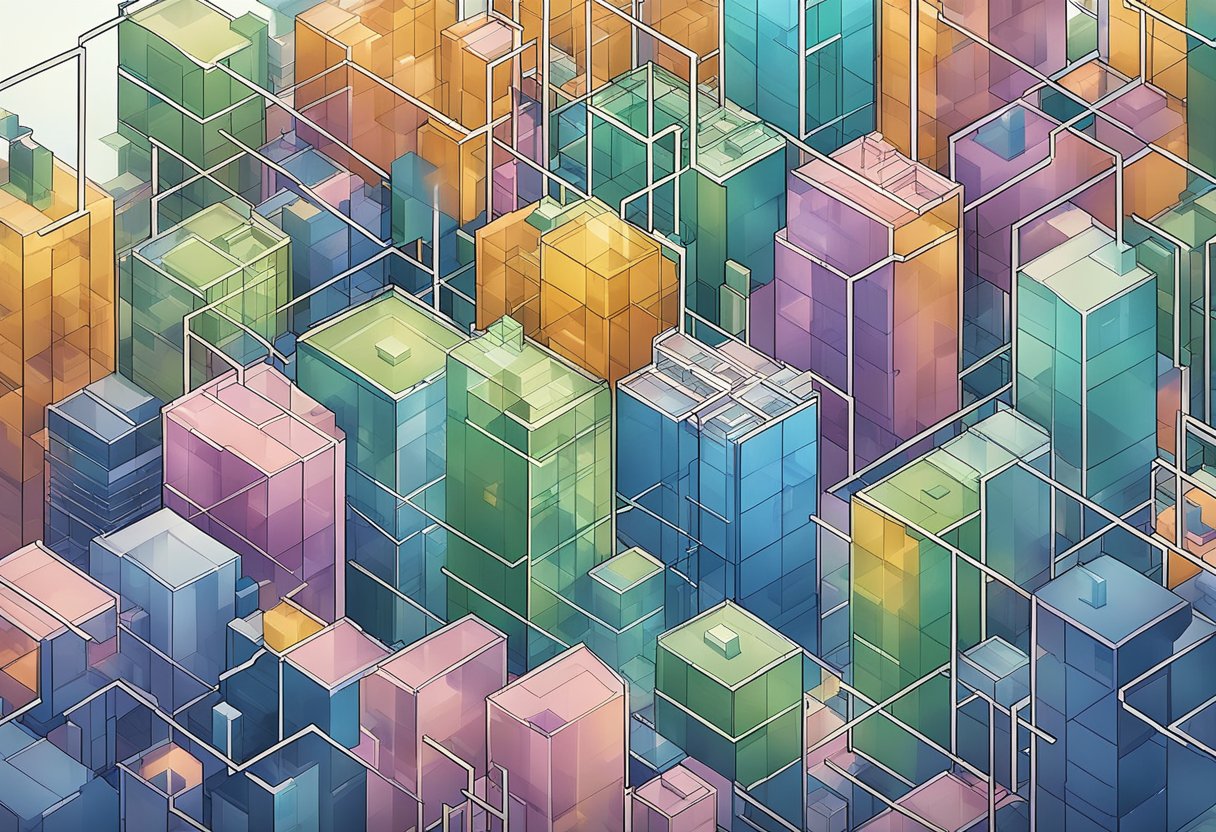 A network of interconnected buildings representing financial ecosystems, with blockchain symbols linking them together