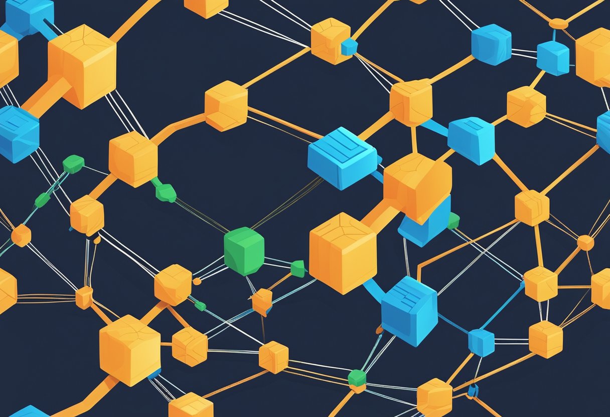 Multiple blockchains connecting and expanding, forming a network of interlinked chains