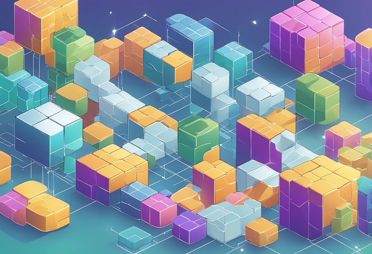 Multiple blockchain platforms connect like puzzle pieces, exchanging data seamlessly. Oracles and relays act as bridges, ensuring smooth interoperability