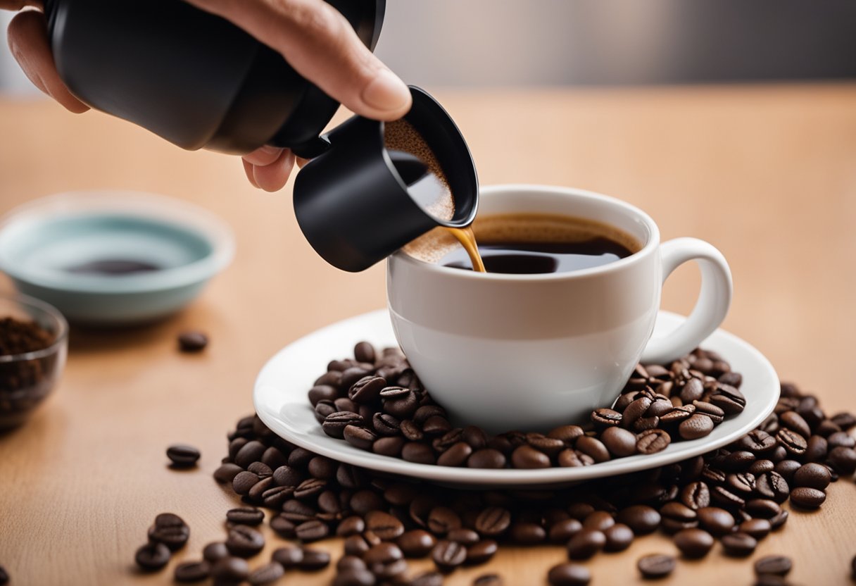 A hand pours the perfect amount of coffee into a reusable K-cup, with a pile of freshly ground coffee next to it