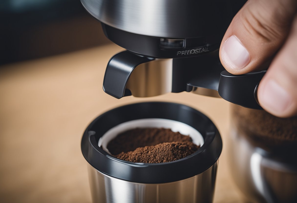 A hand holds a reusable K-cup under a coffee grinder, filling it with ground coffee