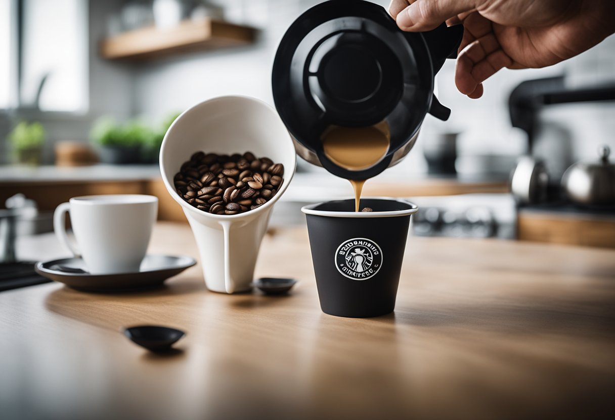 A hand holding a reusable K-cup, pouring coffee from a bag into the cup. A measuring spoon sits nearby. The background shows a sustainable kitchen with eco-friendly materials