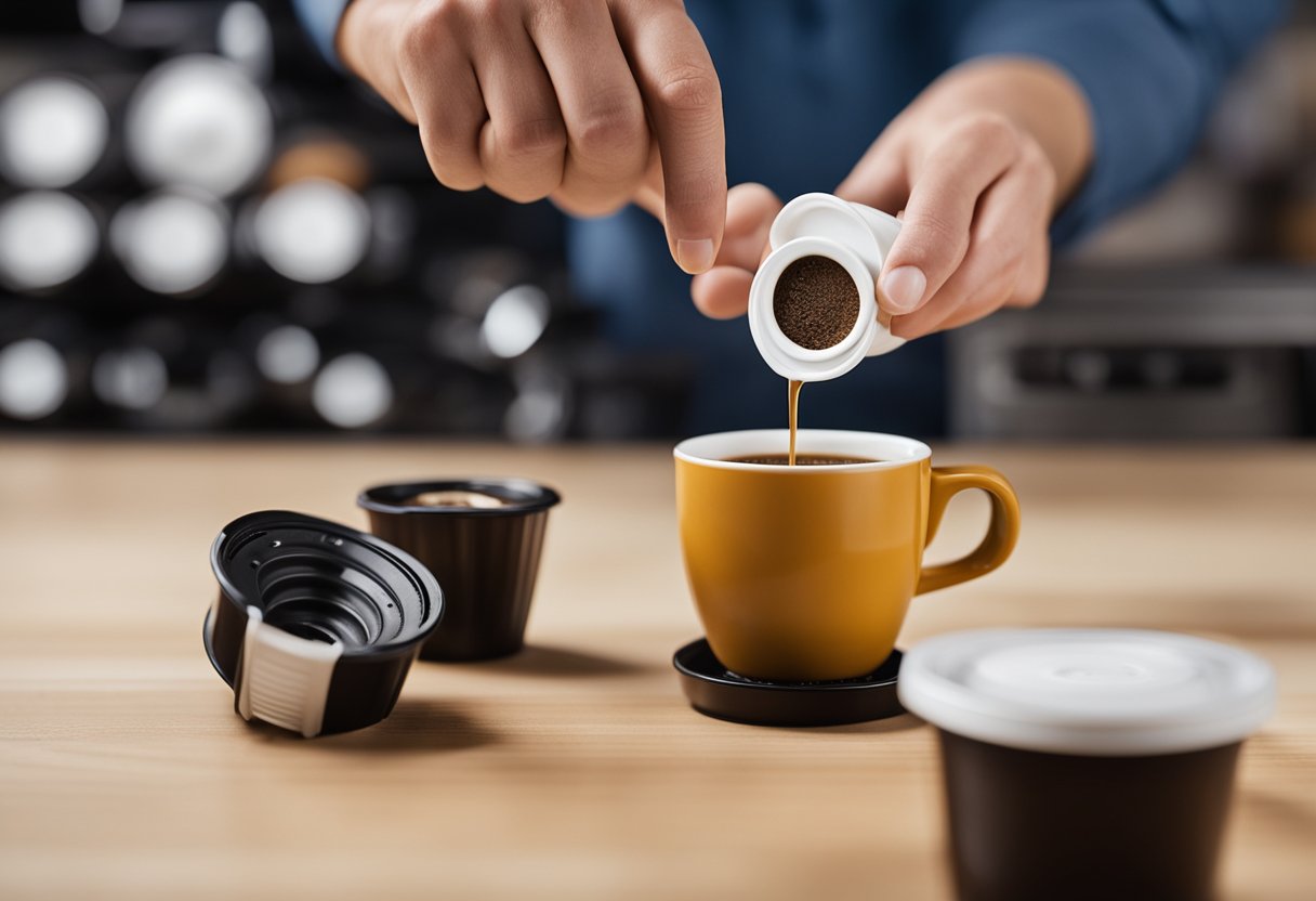 A hand holding a reusable K-cup, pouring coffee from a container into the cup. Empty coffee containers and a stack of K-cups in the background