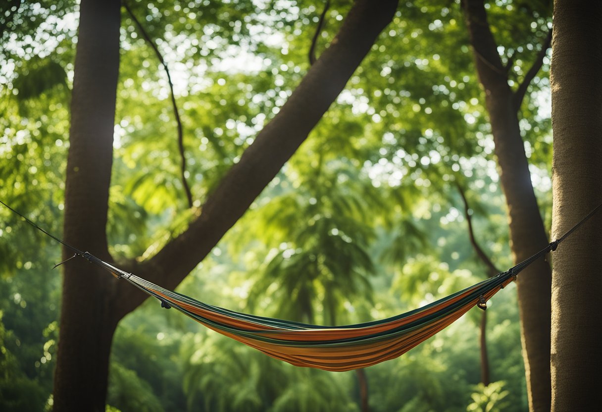 Colorful eco-friendly hammocks hanging between trees in a lush forest setting, with birds flying overhead and a gentle breeze swaying the fabric