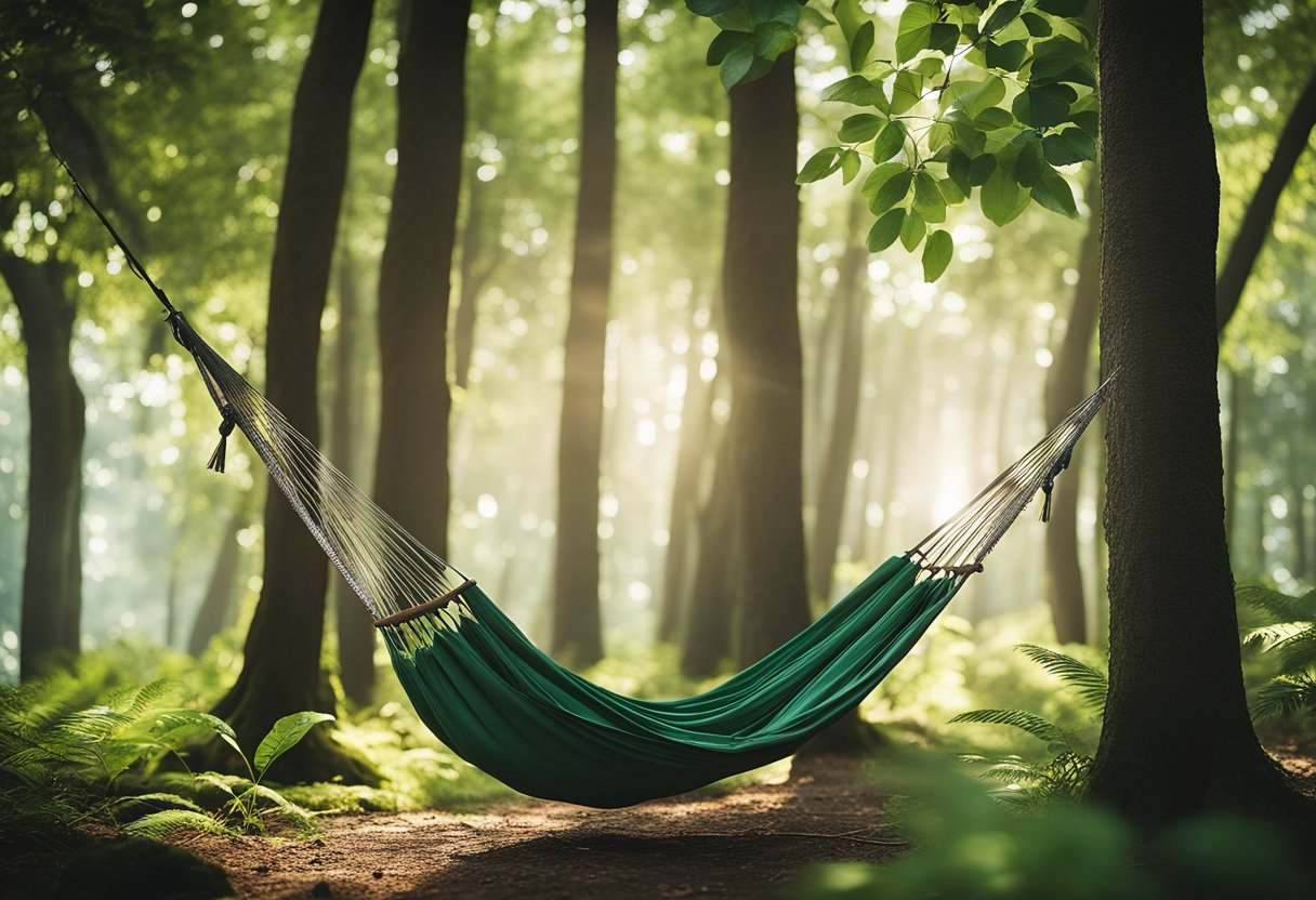 A serene forest setting with a hammock made of sustainable, green materials hanging between two tall trees. Surrounding flora and fauna illustrate the eco-friendly benefits of choosing a green hammock