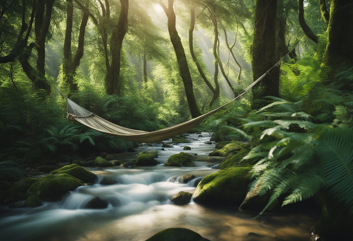 A lush, green forest with a clear, flowing stream. A hammock made of sustainable materials hangs between two sturdy trees, surrounded by native plants and wildlife