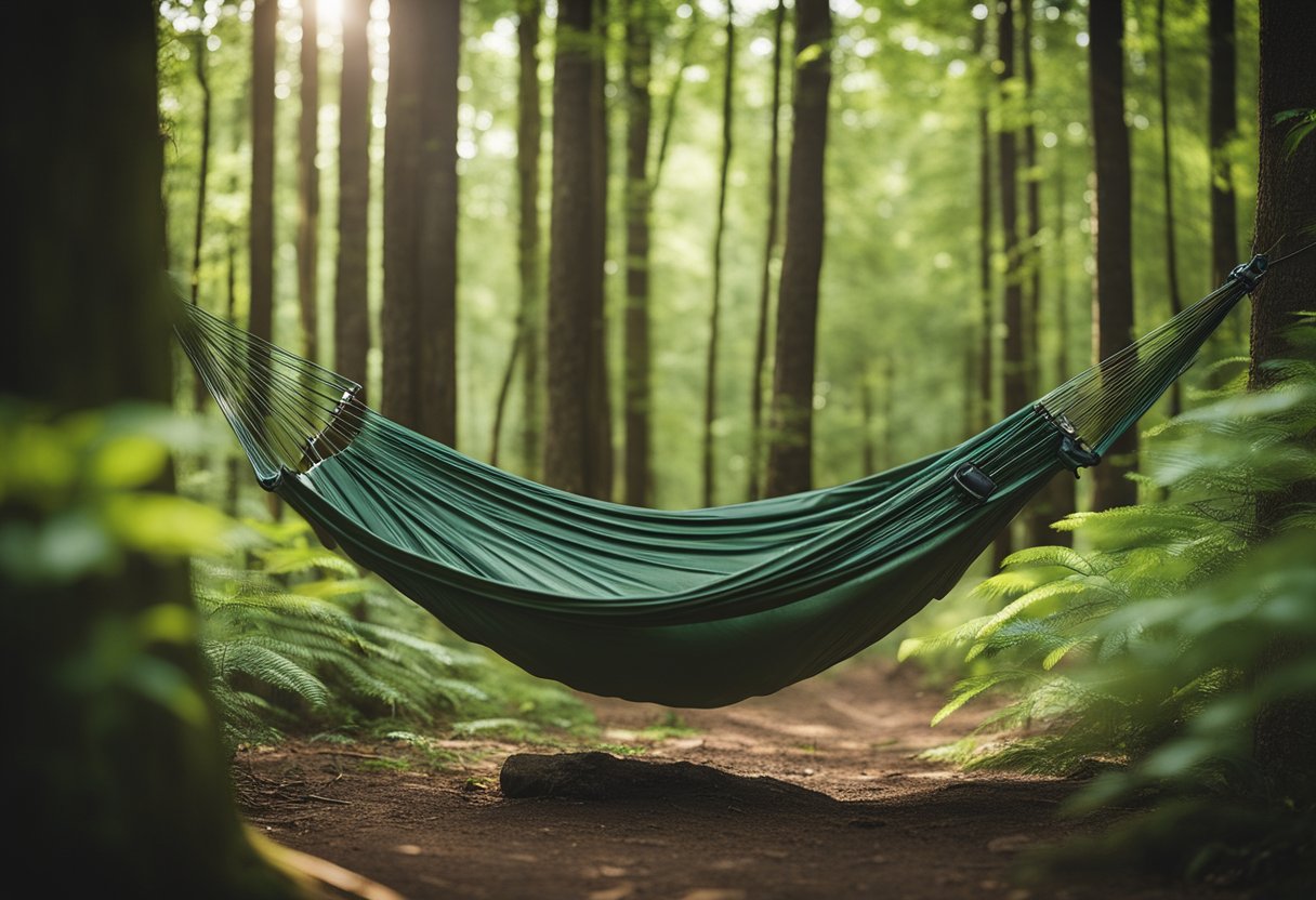 A lush forest with sustainable hammocks hanging between trees, surrounded by minimal impact camping gear and reusable water bottles