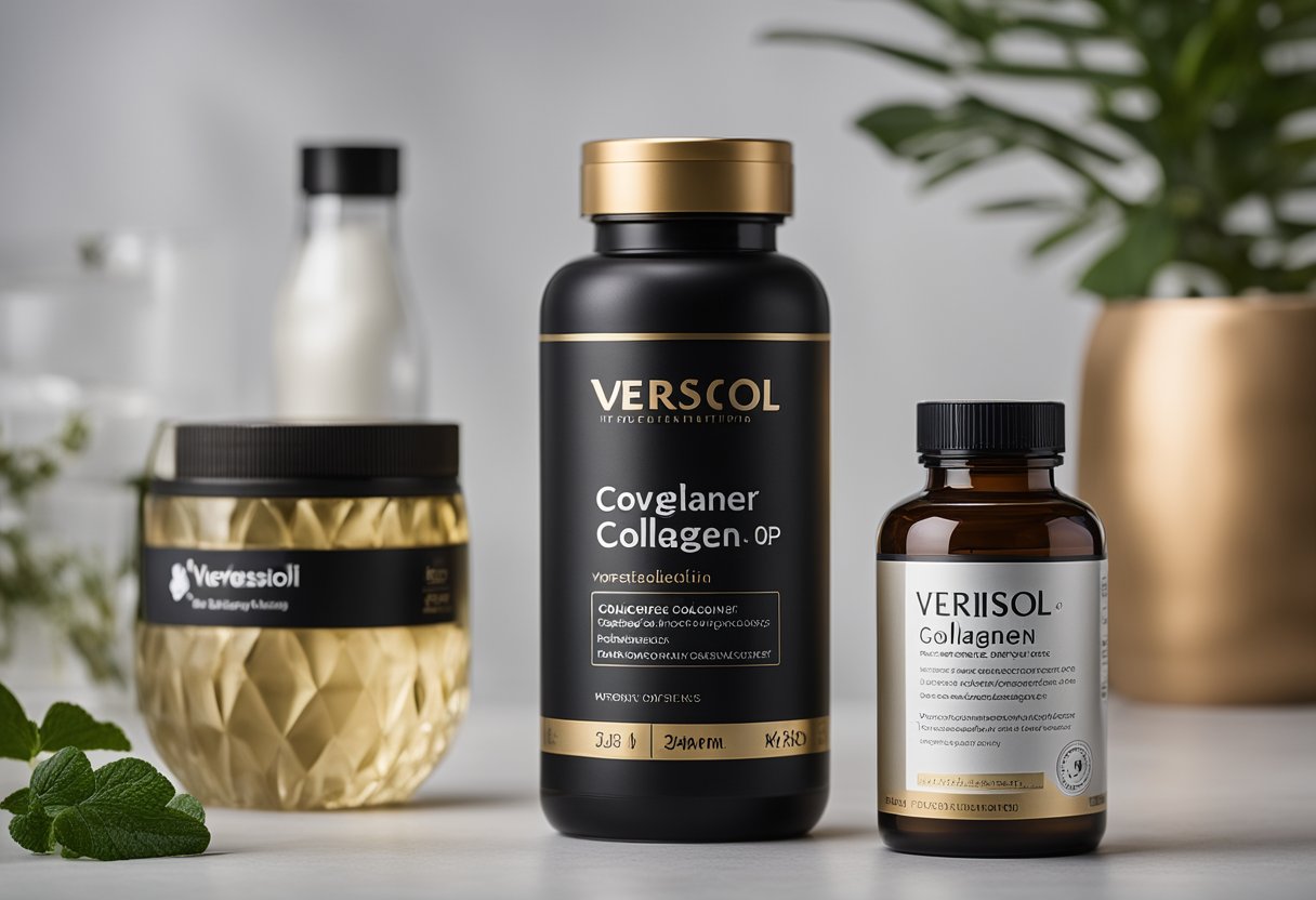 A container of Verisol collagen next to a bottle of hydrolyzed collagen, with visible differences in packaging and labeling