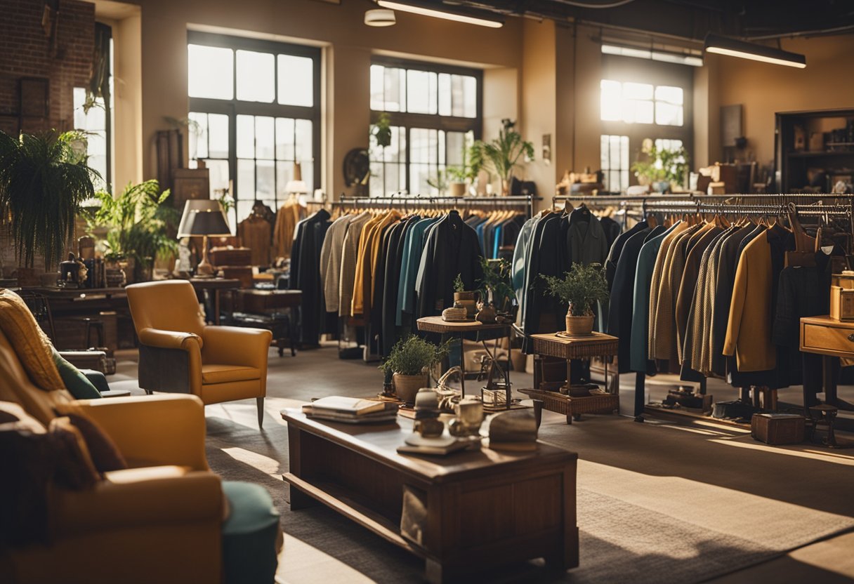 A colorful array of vintage clothing, furniture, and knick-knacks fill the spacious store. Sunlight streams in through large windows, casting a warm glow on the eclectic mix of items