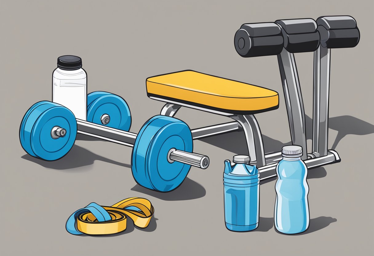 A weight bench with dumbbells, resistance bands, and a water bottle. A low-carb protein shake sits nearby