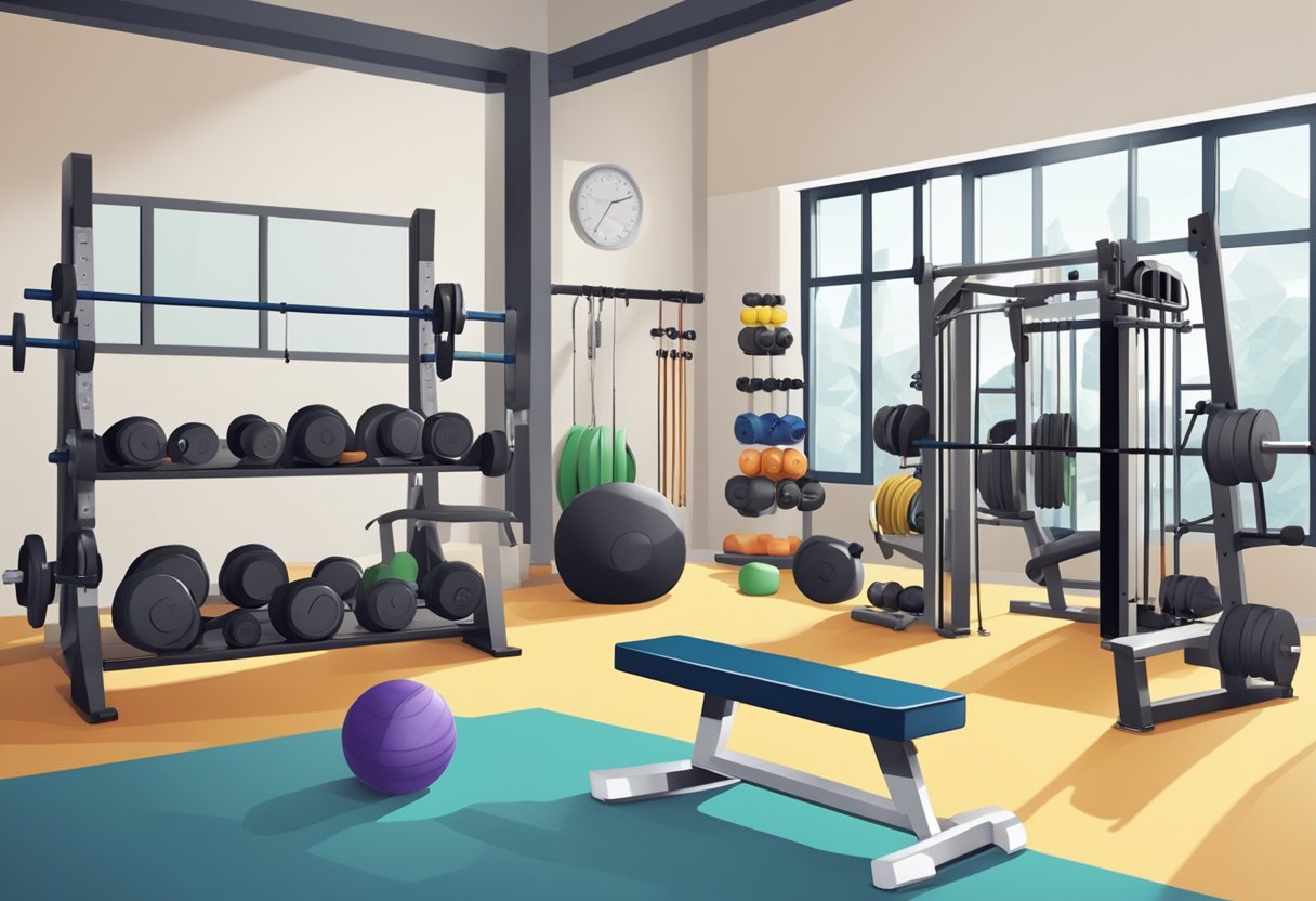 A gym with various strength training equipment, such as dumbbells, barbells, and resistance bands, arranged in an organized and inviting layout