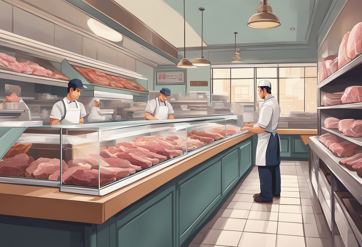 A butcher's shop displays fresh rabbit meat on a clean, well-lit counter. Customers browse the selection and ask the knowledgeable staff for recommendations