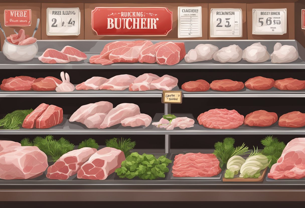 A butcher shop display showcases fresh rabbit meat with a sign indicating where to buy it