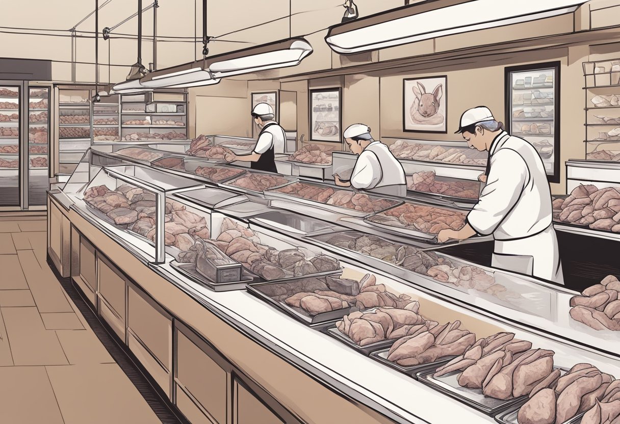 Customers selecting rabbit meat at a butcher shop counter. Various cuts and packaging options displayed. Signs indicate prices and purchasing details