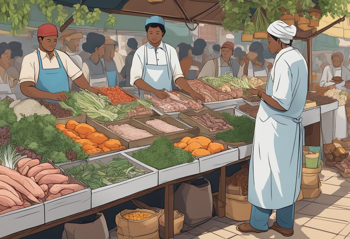 An open-air market stall displays fresh rabbit meat, surrounded by assorted herbs and spices. Customers browse the selection, while the vendor stands nearby, ready to assist