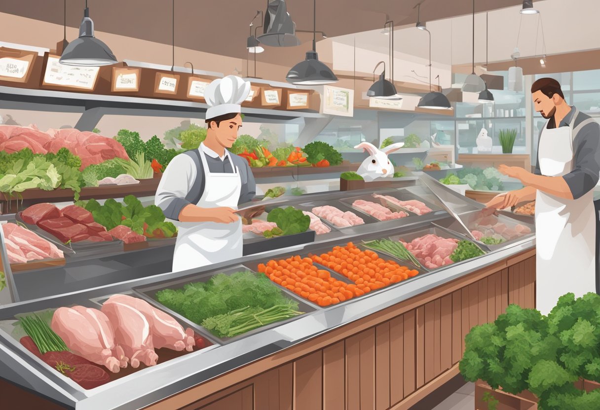 A butcher's shop display showcases fresh rabbit meat, surrounded by herbs and vegetables. Customers browse the selection, while a sign indicates where to buy rabbit meat