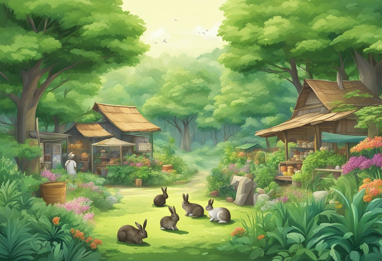 Lush green forest with rabbits grazing. Signs point to a local market selling rabbit meat