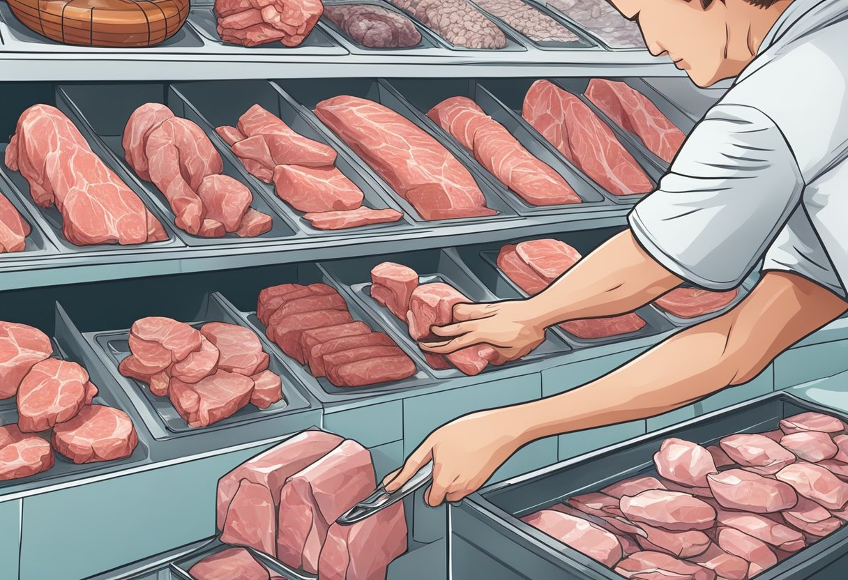 A hand reaches for various cuts of rabbit meat at a butcher shop, carefully selecting portions for purchase