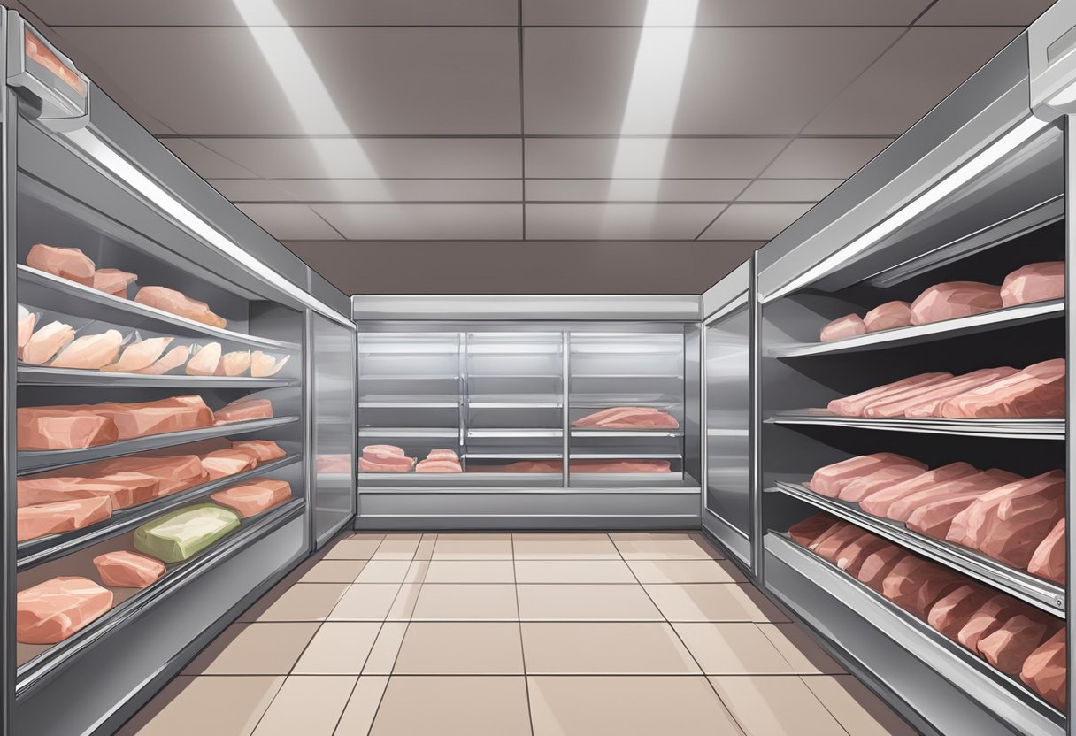 A refrigerated room with shelves of packaged rabbit meat. Signs indicate proper storage and safety guidelines. Displayed nearby are labels indicating where to buy rabbit meat