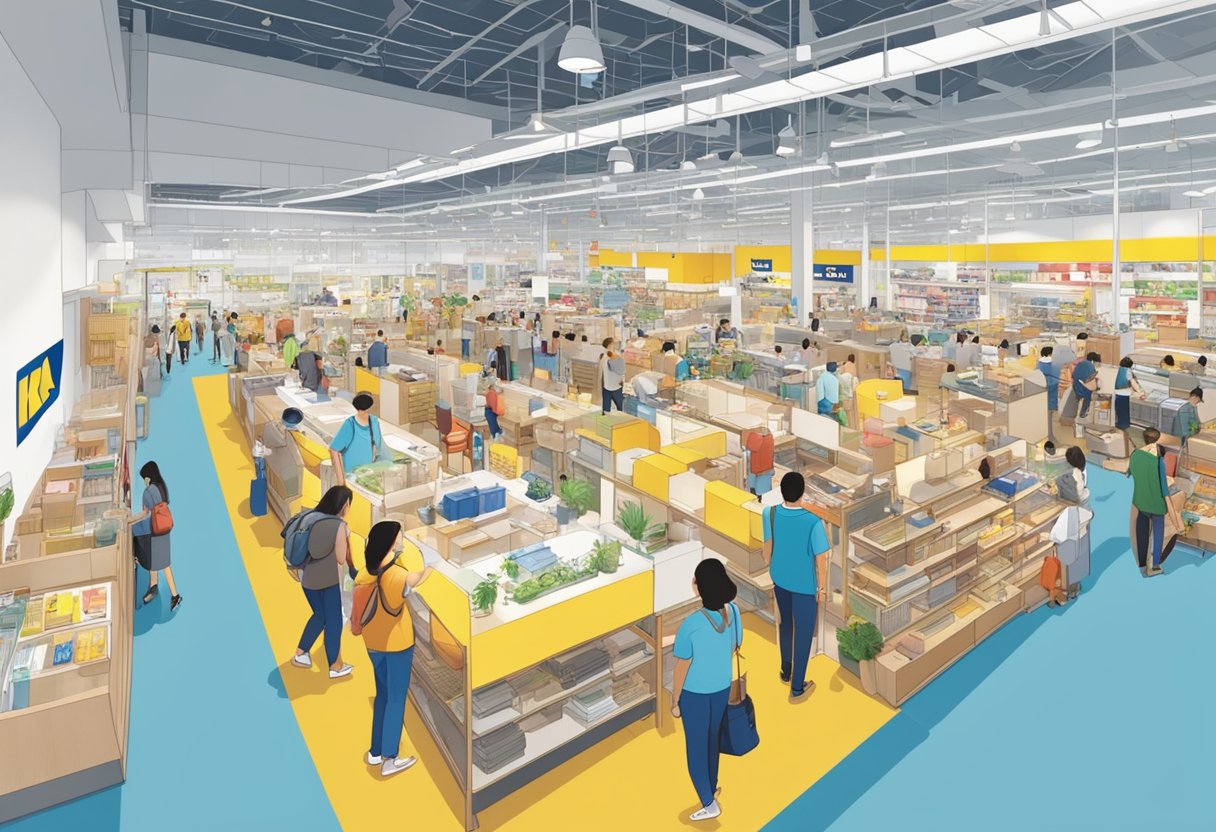 The bustling interior of IKEA Singapore, filled with colorful furniture displays and busy customers browsing the aisles