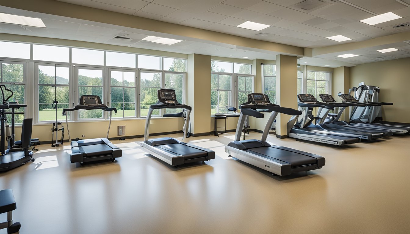 Evergreen Hospital's Acute Rehab floor: a bright, spacious room with exercise equipment, therapy tables, and large windows overlooking a garden