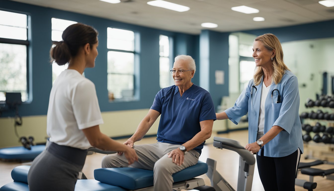 A therapist guides a patient through exercises in a bright, spacious rehab gym with modern equipment at Evergreen Hospital in Kirkland, WA