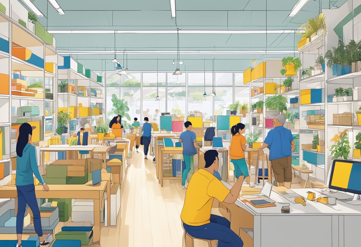 Customers browsing through colorful displays of furniture and home decor in the bustling IKEA store in Singapore