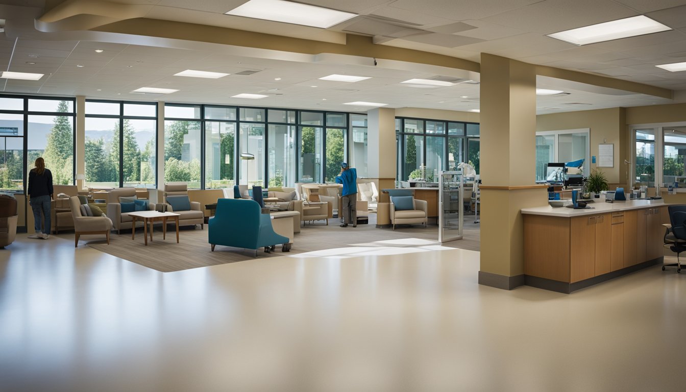 The bright, spacious rehab floor at Evergreen Hospital in Kirkland WA bustles with activity as patients work towards regaining their abilities after trauma