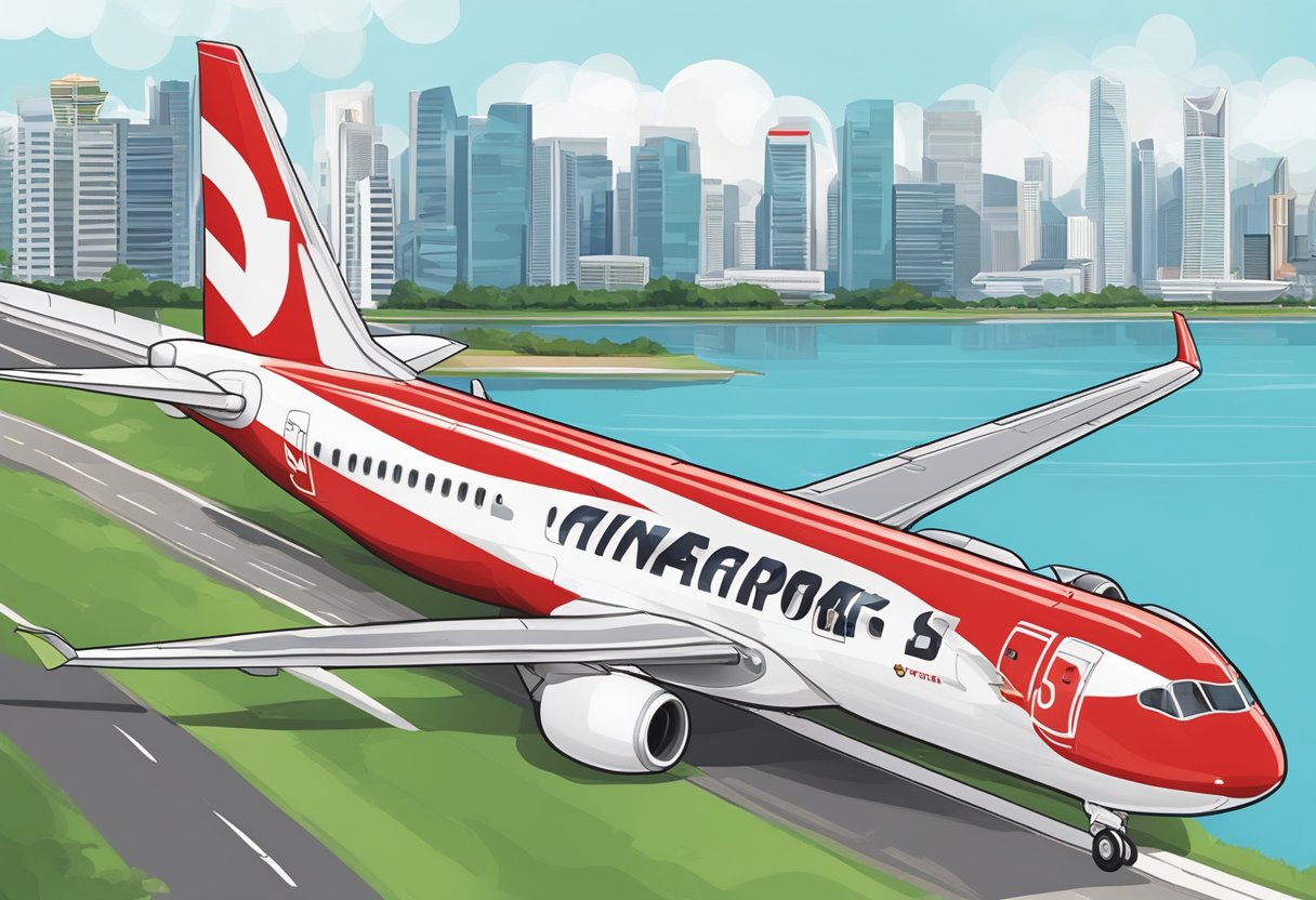 The iconic red and white Scoot airplane sits on the tarmac, with the Singapore skyline in the background