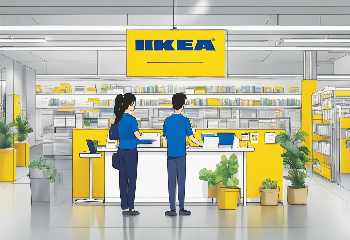 The IKEA logo and membership card displayed next to a customer service desk with a sign promoting IKEA services in Singapore