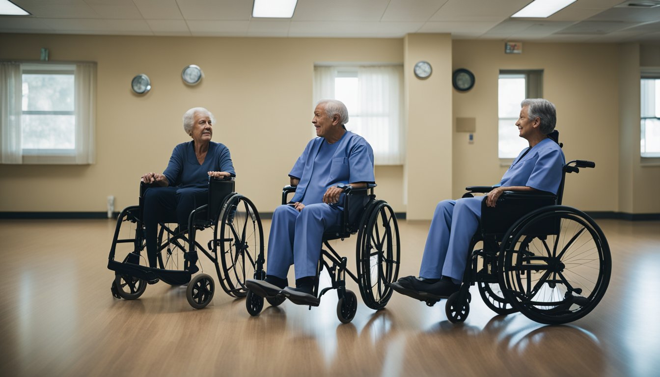 Patients in wheelchairs engage in therapy exercises under the guidance of medical staff in a bright, spacious rehab room at Evergreen Hospital