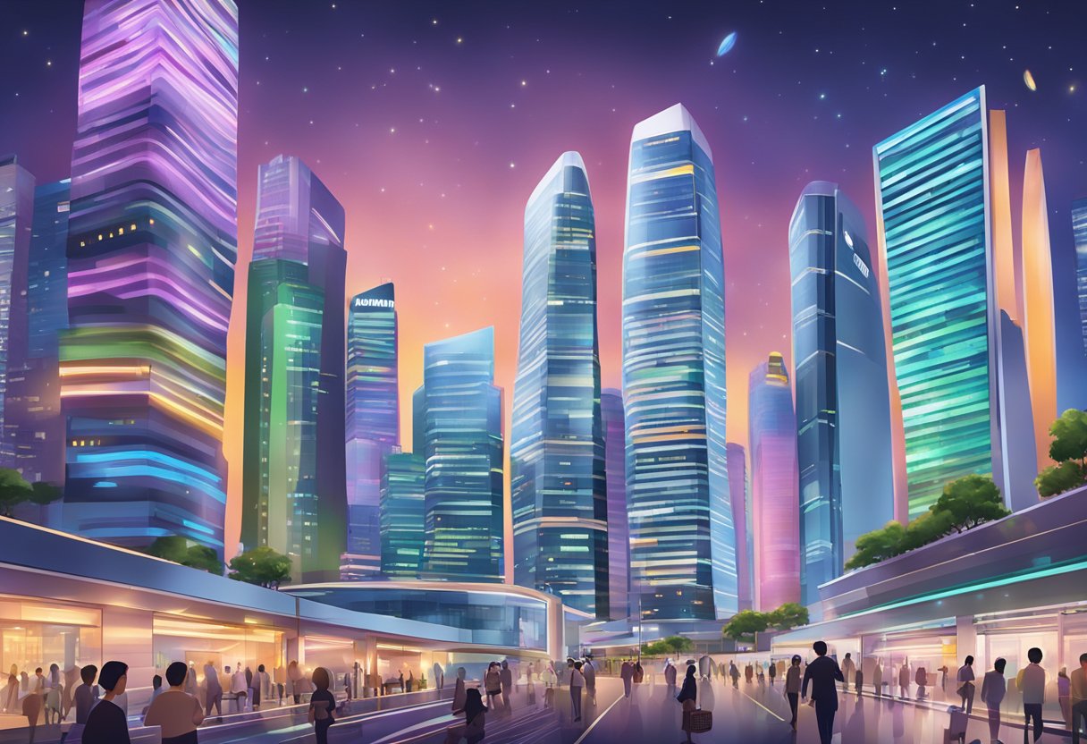 A bustling cityscape of modern architecture and vibrant lights, showcasing the iconic Samsung building in the heart of Singapore