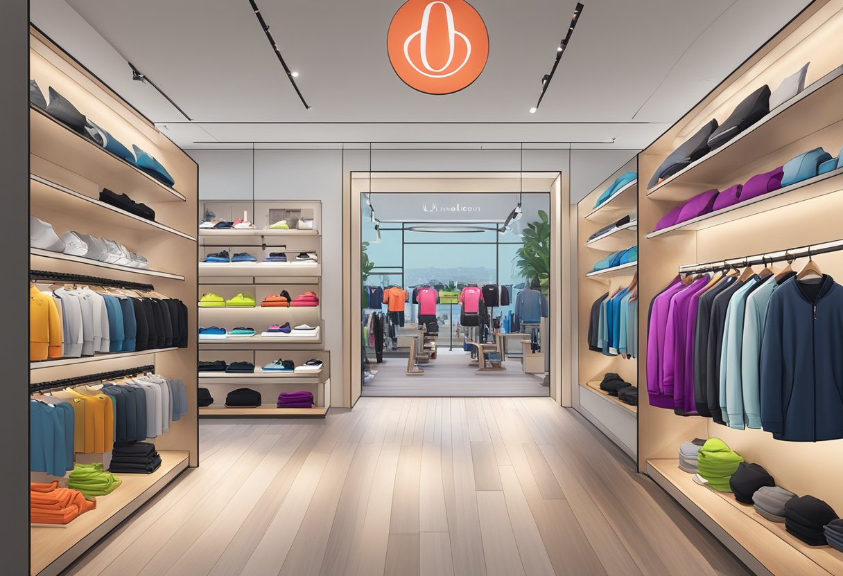 A bustling lululemon store in Singapore, with sleek athletic wear displayed on modern shelving and a vibrant logo above the entrance