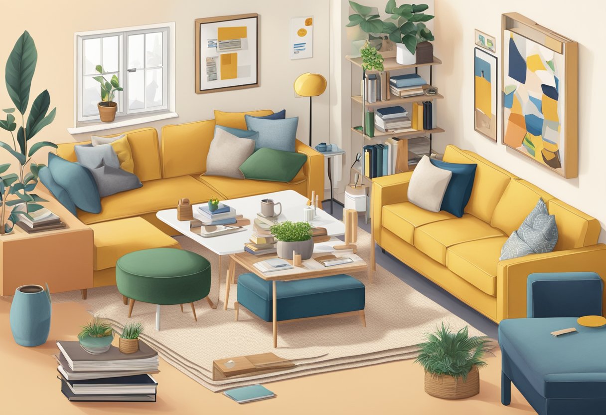 An open book with "Frequently Asked Questions" on top, surrounded by various household items and furniture from Ikea Singapore
