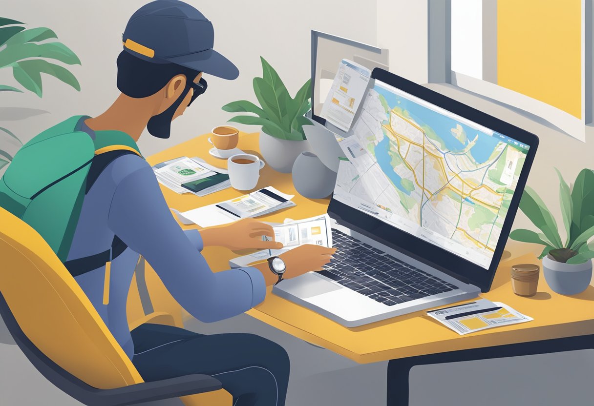 A traveler sits at a desk with a map, passport, and tickets, while looking at a laptop with the Scoot Scoot Singapore website open
