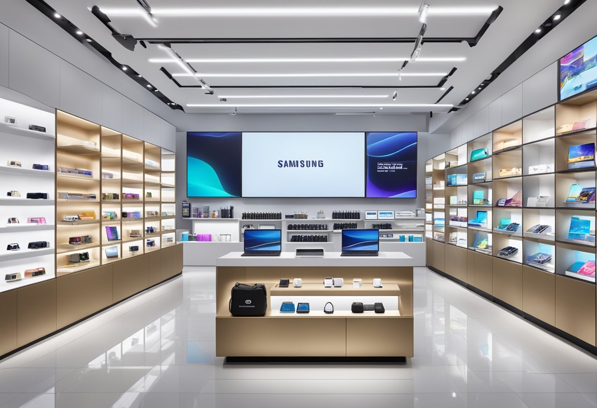Samsung products displayed in a sleek, modern store in Singapore. Brightly lit shelves showcase the latest smartphones, tablets, and smartwatches